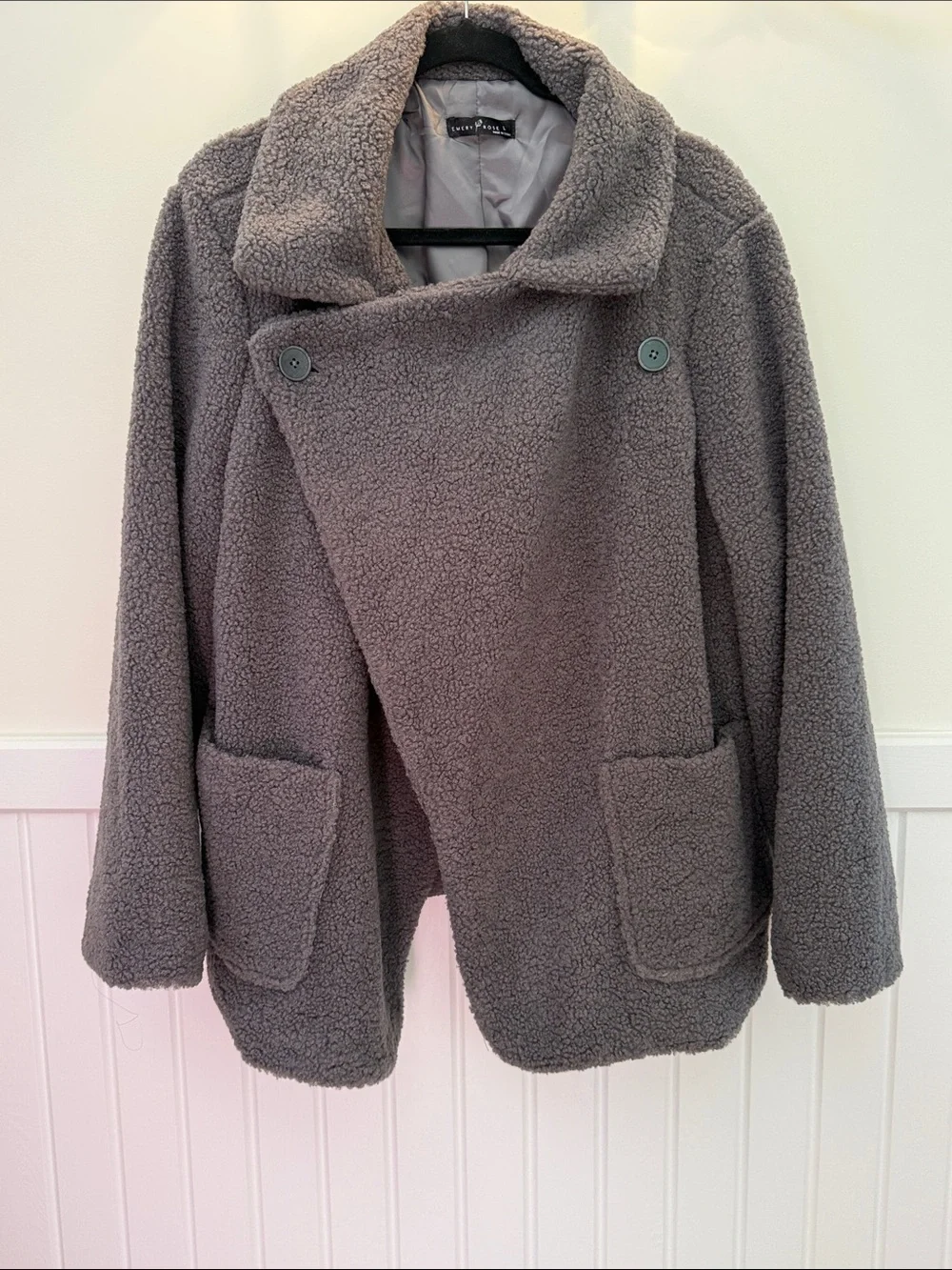Emery Rose Gray Teddy Sherpa Jacket Large Cozy Oversized Faux Fur Coat EUC - Picture 2 of 5